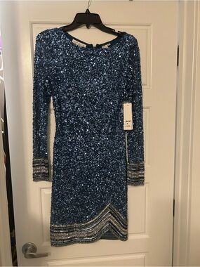 Scala Midnight Blue Sequin Long-Sleeve Party Dress